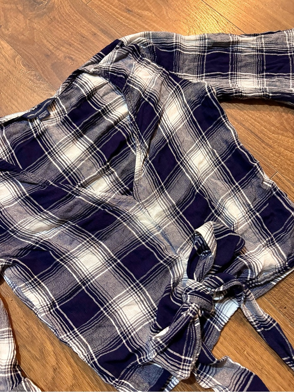 American Eagle Outfitters Navy & White Plaid Tie-Front Blouse